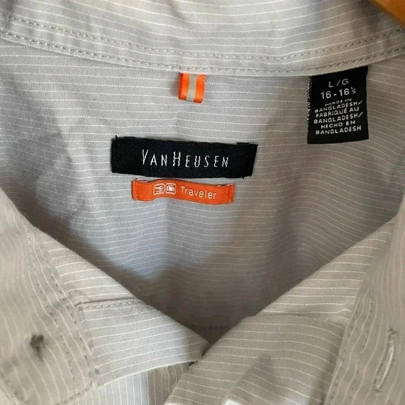 Van Heusen Traveler Cotton Blend Button Down Gray Stripe Dress Shirt Men’s L EUC - Picture 7 of 10